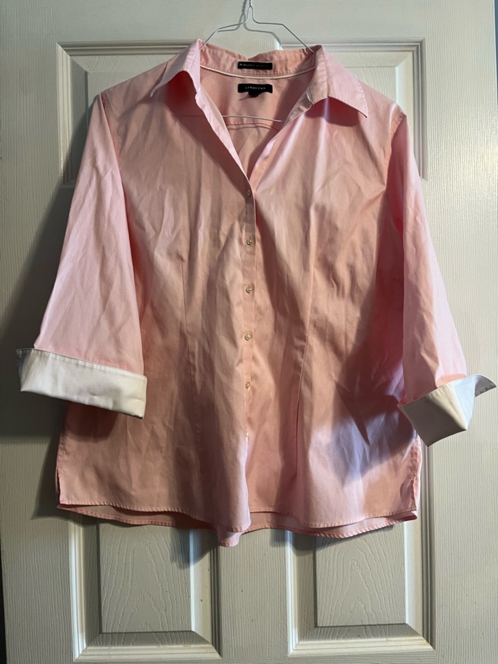 Lands' End No Iron Pinpoint Oxford Shirt Pink 3/4 Sleeve White Cuffs Size 18